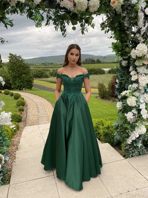 draped dressClassic Off The Shoulder Emerald Green Satin Prom Dress,Formal Gown Y1250