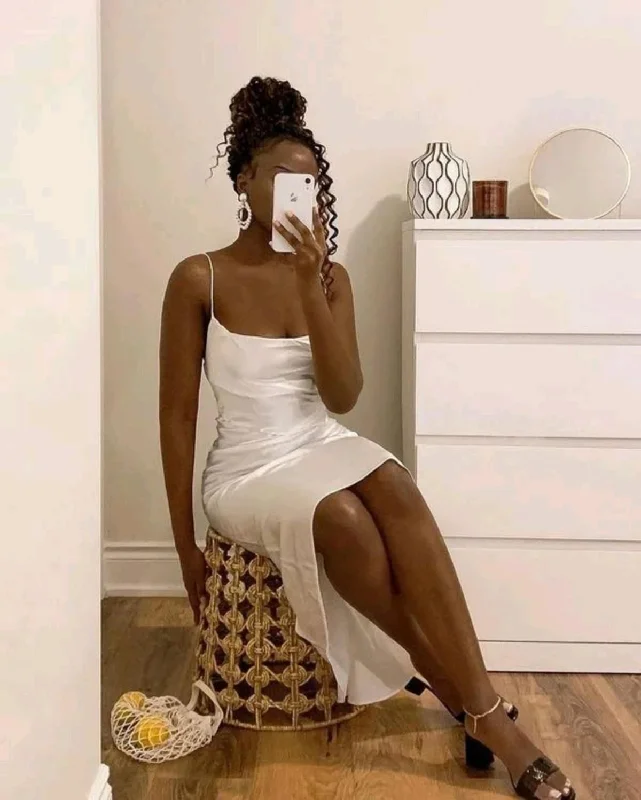 Deal Dash flowy dressWhite Straps Satin Midi Length Black Girl Simple Party Dress, DP2527