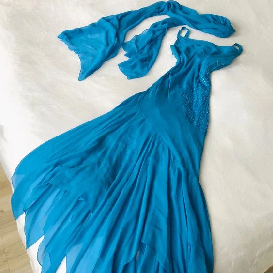 Early Access boho dressCharming Blue Straps Chiffon Ruffles Vintage Long Party Dress, DP2526