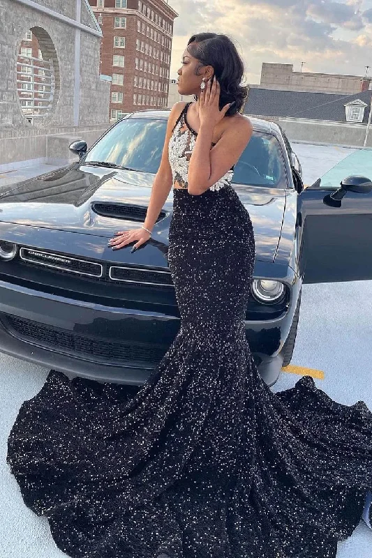 Price Reduction lace dressBlack Girl One Shoulder Sleeveless Mermaid Prom Dress With Sequins Beadings, DP2651