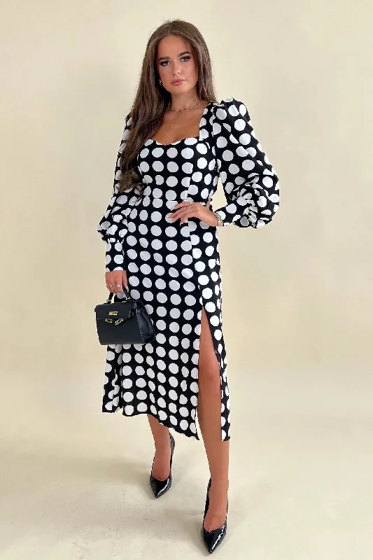 Act Now elegant maxi dressKarl Polka Dot Sweetheart Long Sleeve Midi Dress