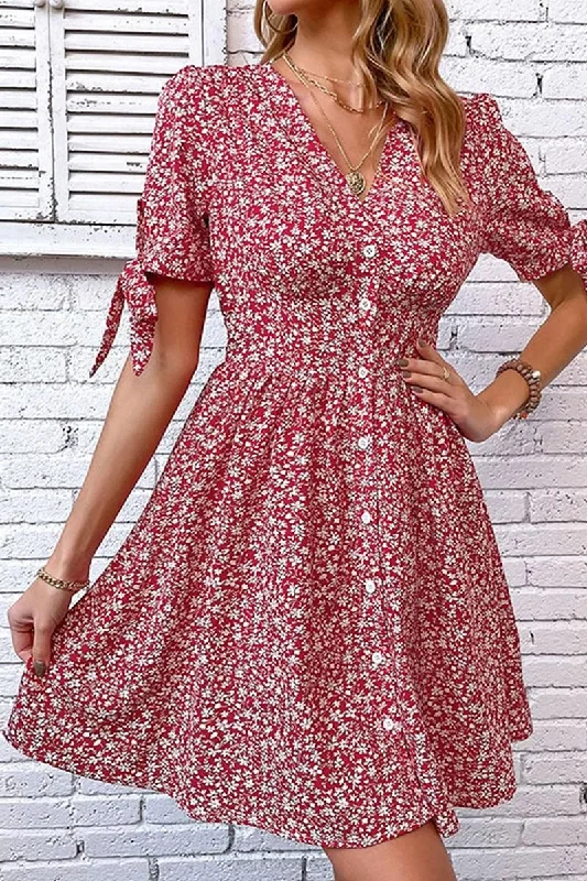 Reduced Prices knit dressFLORAL TIED SLEEVE BUTTON UP SLIM SHORT DRESS