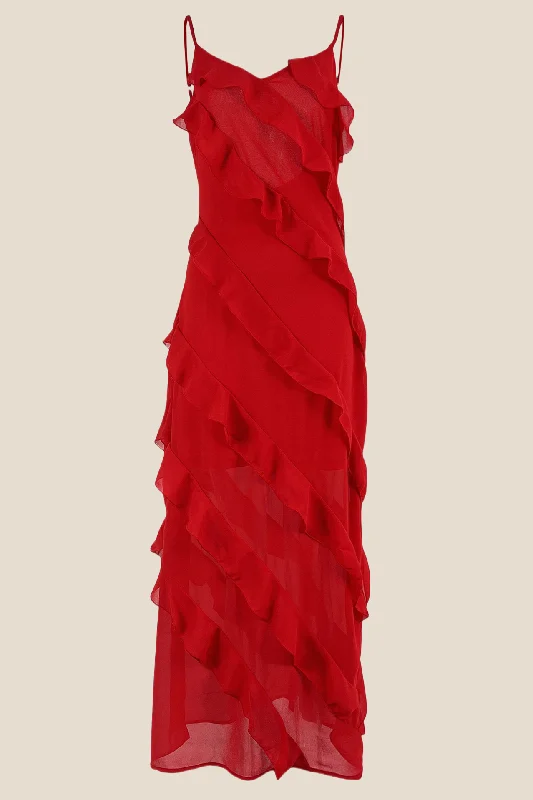 floral dressStraps Red Ruffle Sheath Long Dress with Slit