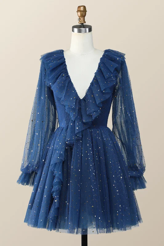 stylish dressNavy Blue Long Sleeves Stars and Sequins Ruffle Dress