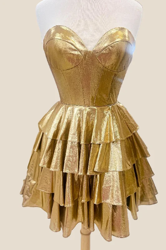 off-the-shoulder dressSweetheart Gold Metallic Ruffles A-line Short Dress