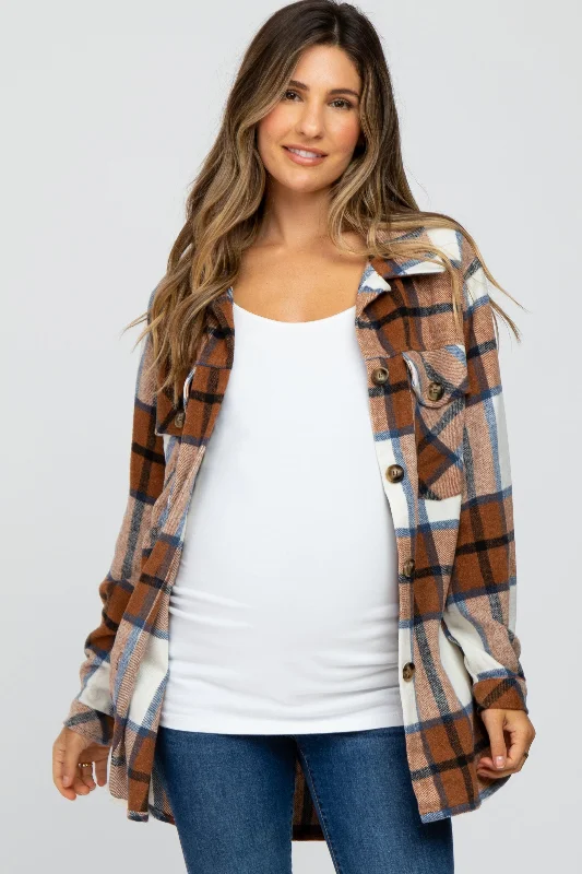 Special Price Mocha Plaid Brushed Button Down Maternity Over Shirt