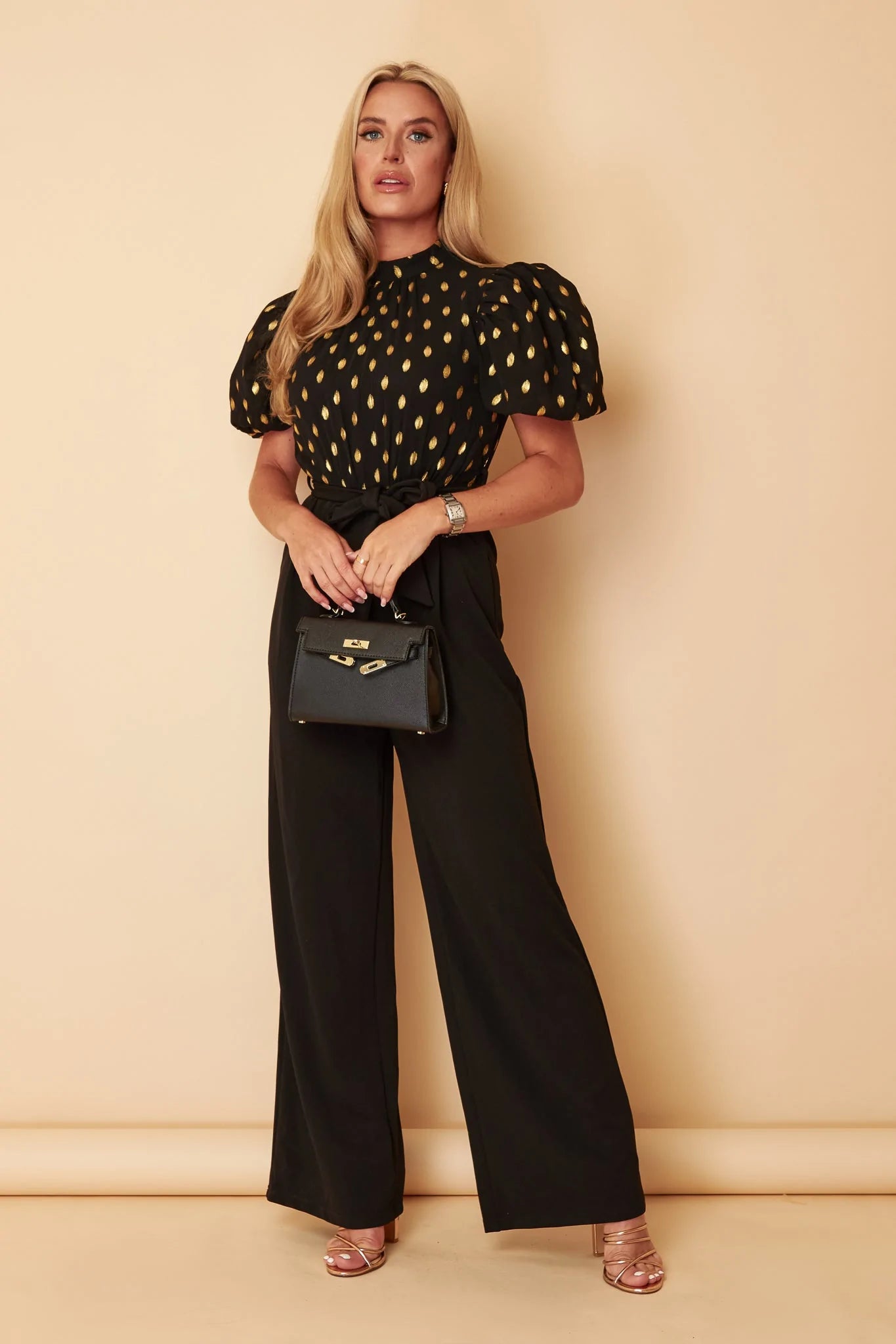Flash Deals party-ready dressPippa Black and Gold Foil Belted Jumpsuit