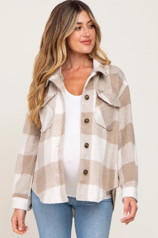 Price Drop Alert Beige Plaid Knit Maternity Shirt Jacket