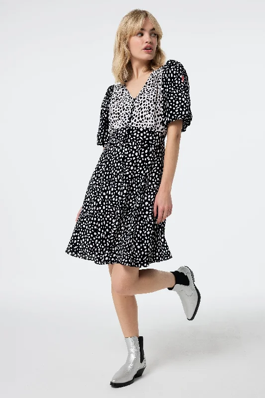 Hurry In satin midi dressWhite with Black Mix Cheetah Puff Sleeve Short Tea Dress