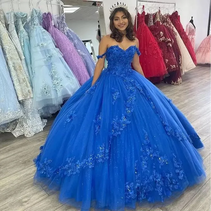 floral midi dressRoyal Blue Off-Shoulder Ball Gown Quinceanera Dresses Fashion 3D Flower Tulle Sweet 16 Princess Dress Y524