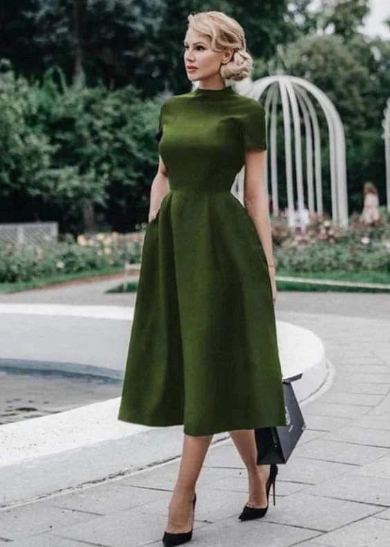 off-the-shoulder dressOlive Green A-line Satin Tea-length Prom Dress Vintage Party Dress Y691