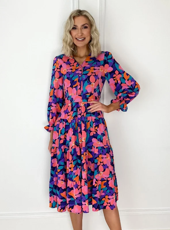 Mega Sale vintage-inspired dressKaren Pink Multi Floral Belted Shirt Dress