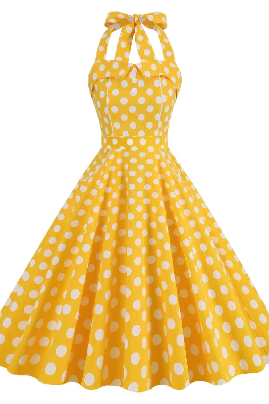 romantic dressYellow Polk Dots Halter Swing Dress