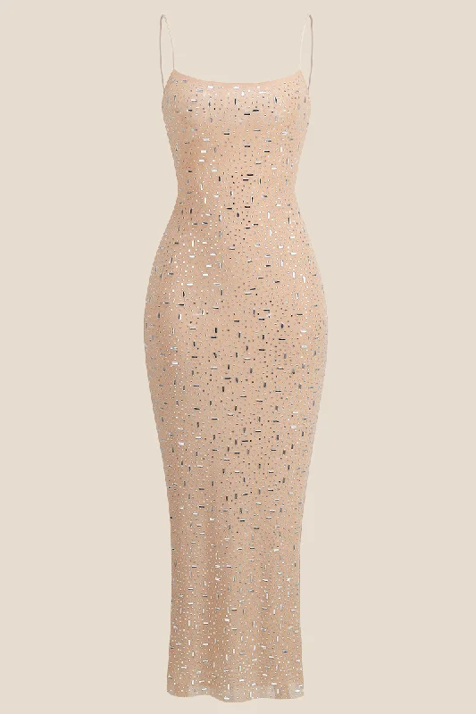 vintage-inspired dressStraps Nude Sheer Long Dress With Rhinestone