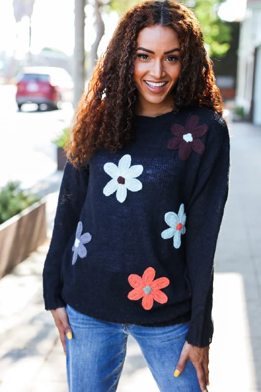 Act Fast PLUS BLACK LONG SLEEVE FLOWER PATCHES  SWEATER KNIT TOP