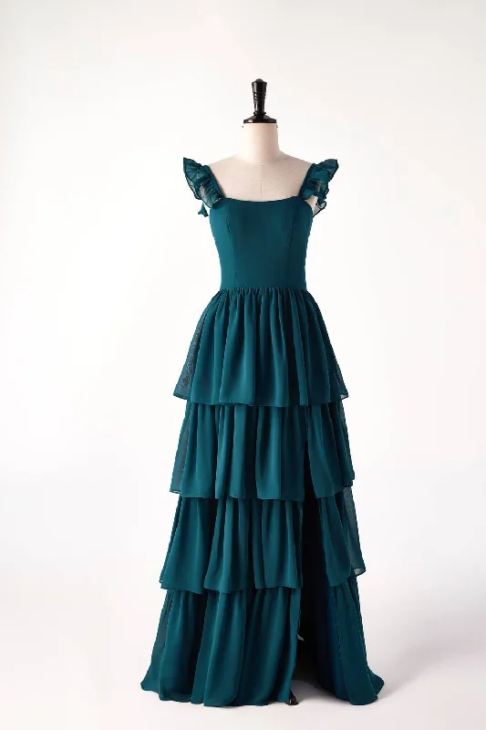 evening dressStraps Dark Blue Ruffle Long Bridesmaid Dress