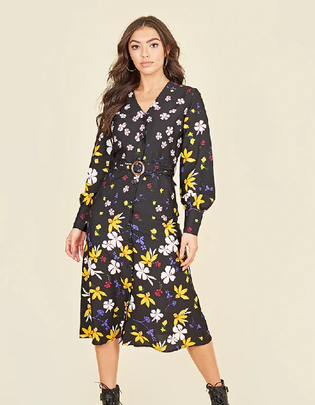 Act Fast satin dressLydia Multi Floral Button Front Belted Midi Dress