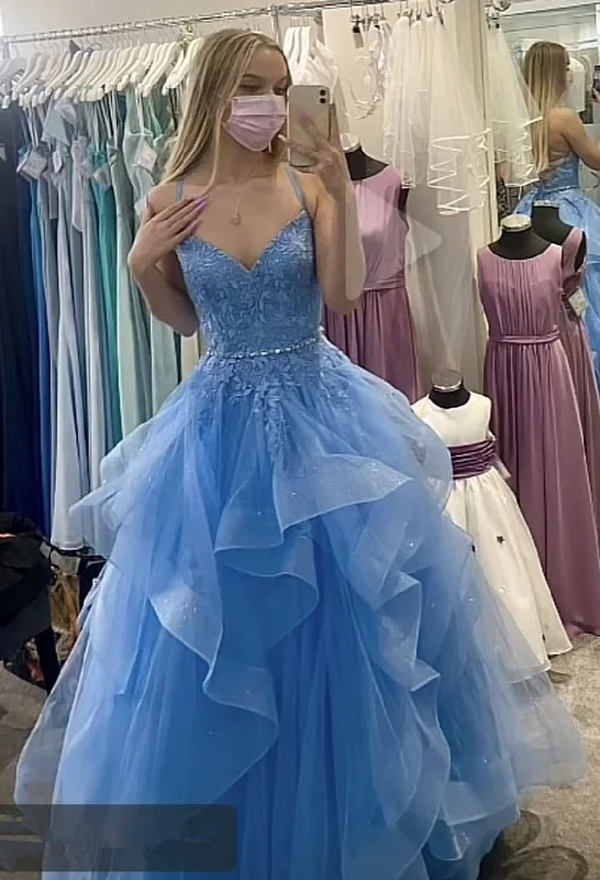 sleek dressGenerous A-line Blue Ruffles Prom Dress,Blue Graduation Dress Y1078