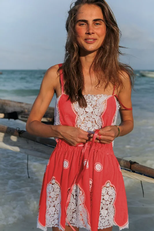 Don’t Miss Out Brielle Falcon Embroidery Mini Dress - Watermelon