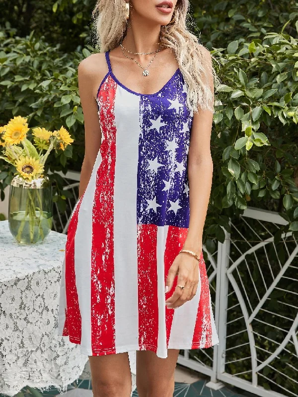 Extra Savings chic shift dressV-neck Printed Suspender Mini Dress