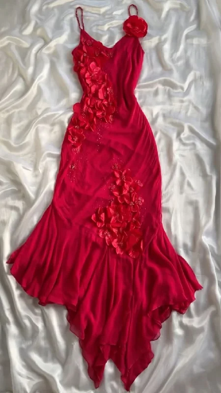 Limited Time luxury dressCharming Red Spaghetti Straps Flower Appliques Vintage Evening Dress, DP2511