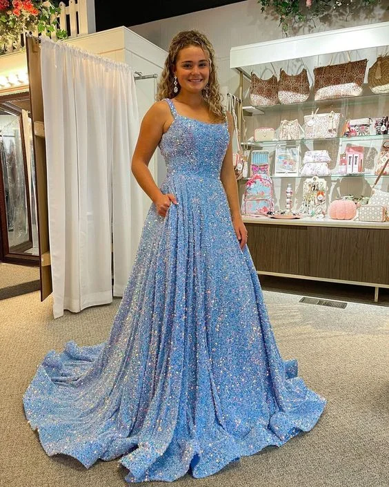 casual summer dressSparkly A Line Square Neck Blue Sequins Long Prom Dresses With Pockets Y348