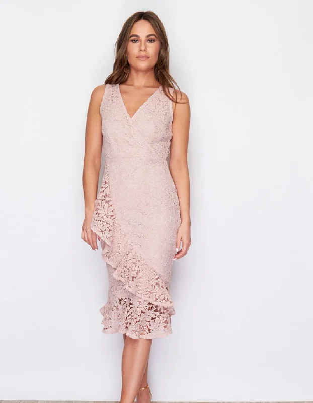 Final Markdown long sleeve dressSummer Nude Frill Hem Crochet Midi Dress