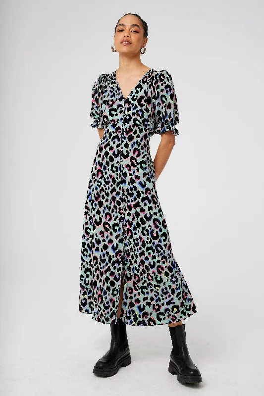 Act Fast shift dressPale Khaki with Rainbow Shadow Leopard Flute Sleeve Midi Tea Dress