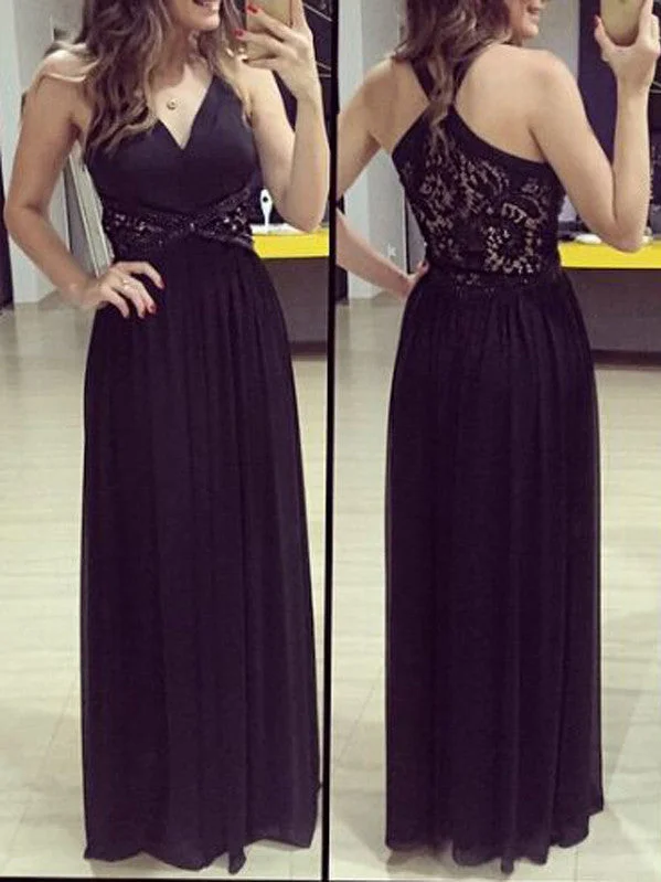 Exclusive Deal Black prom dresses A-line V-neck Floor-length Chiffon Prom Dress Evening Dress MK052