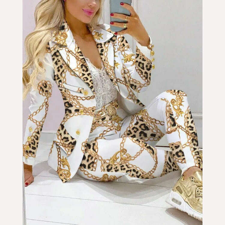 Casual Stripe Print Suit Coat Pants Set Office Lady Fashion Elegant Long Sleeve Top Trousers Two Piece Set Women Outfit 2023