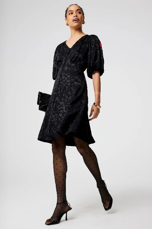 Closeout ruffle dressBlack Jacquard Leopard Puff Sleeve Short Tea Dress