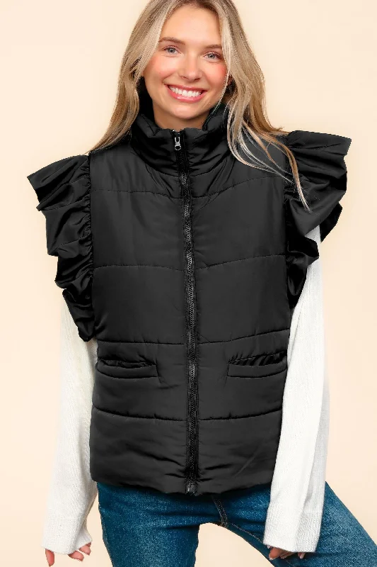 Amazing Deals PLUS HIGH NECK ZIPPER UP RUFFLE SLEEVE PUFFER VEST