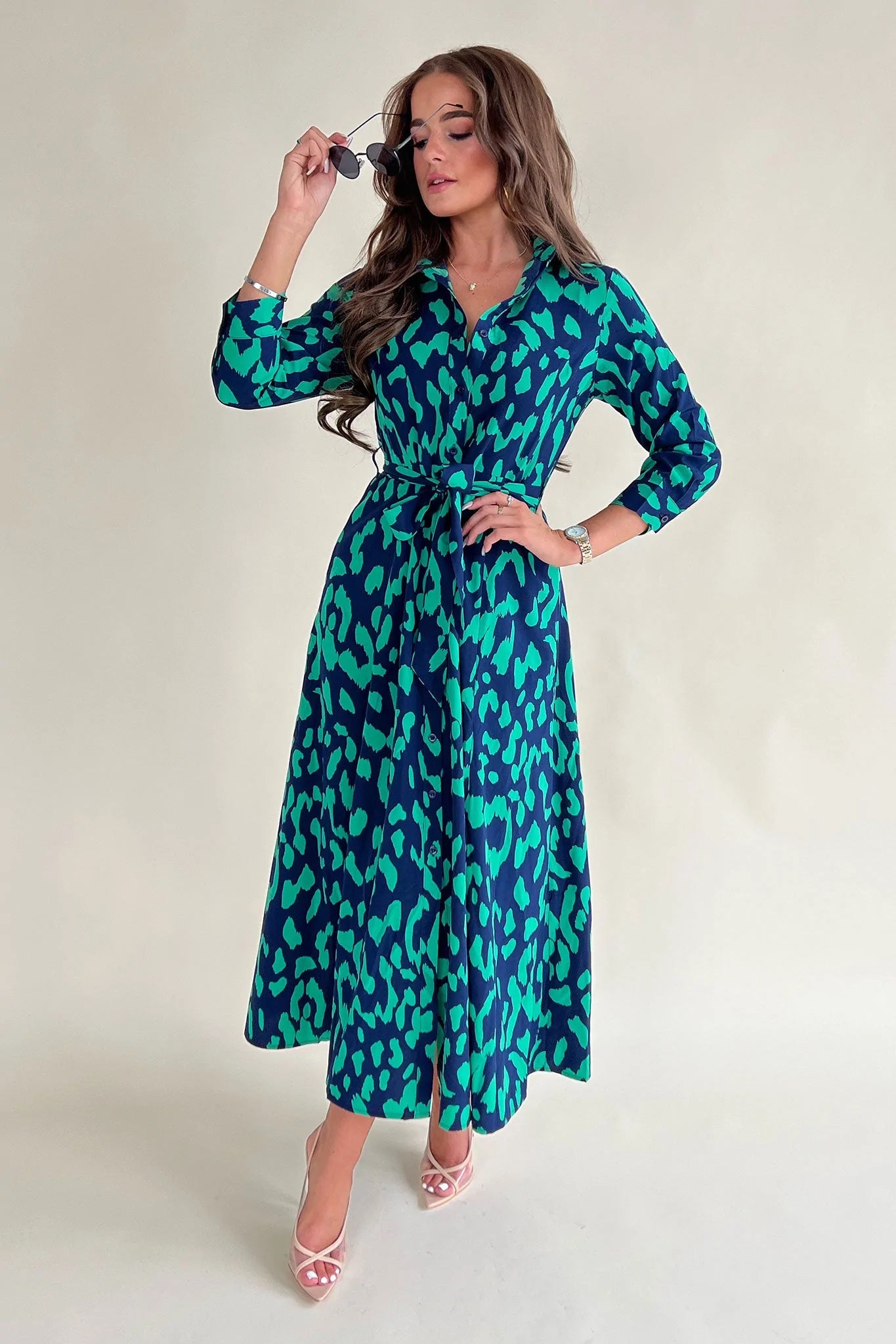 Deal Dash structured dressBreanna Navy Green Print Shirt Pocket Maxi Dress