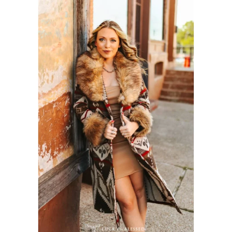 padded puffer coatBrown Aztec Fur Collar Long Coat