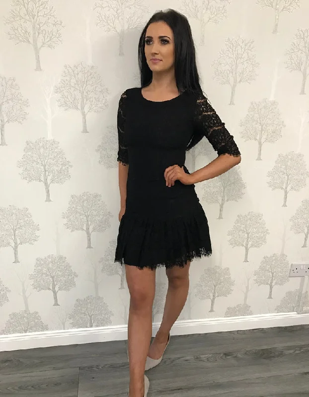 Today’s Deal luxury dressBlack 3/4 Sleeve Lace Frill Hem Dress