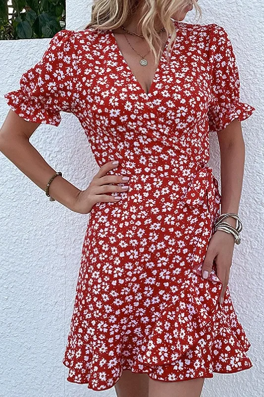 Discount Mania comfy maxi dressFLORAL RUFFLED V NECK SHORT DRESS