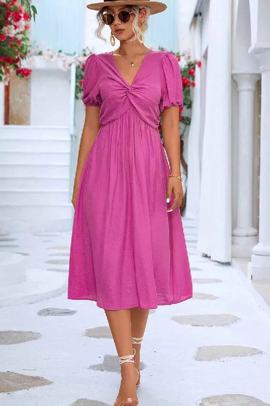 Deal of the Week elegant dressKINK V NECK BALLOON SLEEVE RUFFLED MIDI DRESS