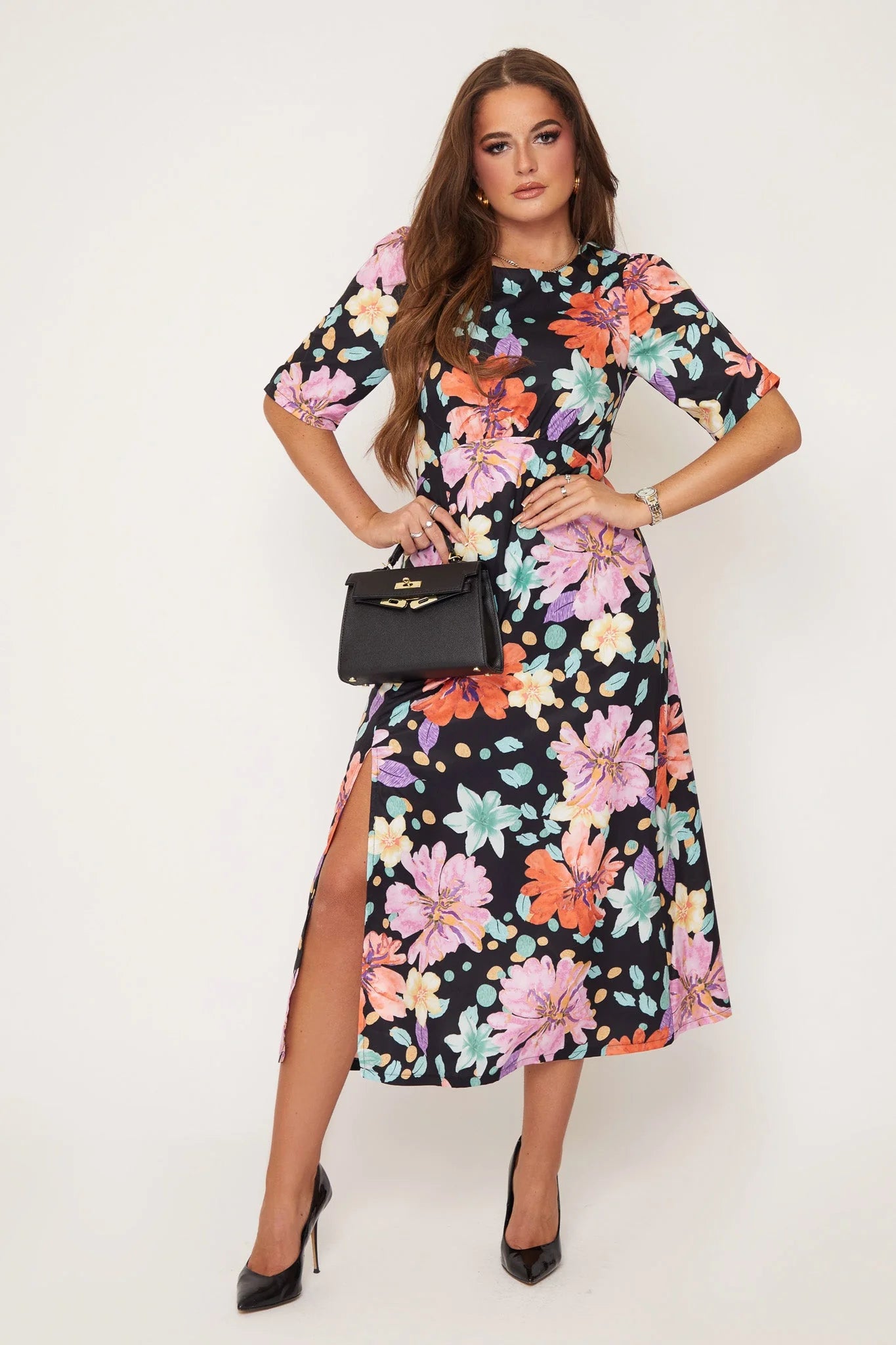 Limited Quantity tiered dressPollie Polka Dot Floral Print Midi Dress