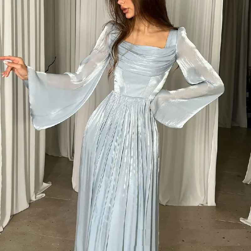 Instant Savings lace-up dressBlue Chiffon Pleated Long Sleeves Elegant A-Line Party Dress, DP2235 Instant Savings lace-up dressBlue Chiffon Pleated Long Sleeves Elegant A-Line Party Dress, DP2235