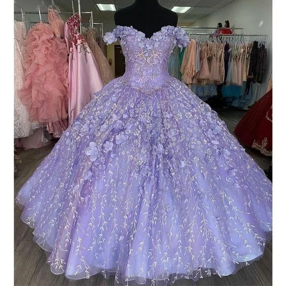 party-ready dressRomantic Lavender 3D Floral Flowers Quinceanera Dresses Off Shoulder Ball Gown Sweet 16 Dress  Y1152