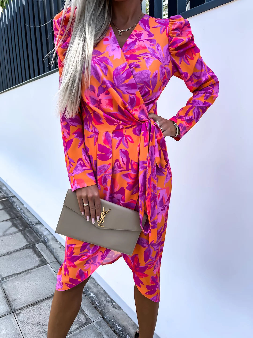 Deal of the Day floral dressKylie Orange and Pink Floral Wrap Style Belted Dress