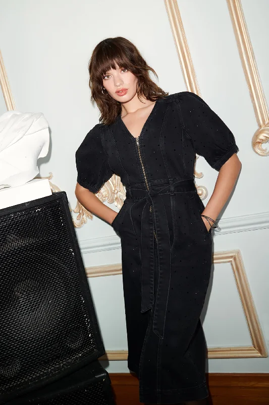 Final Clearance trendy mini dressWashed Black Embellished Zip Detail Denim Dress