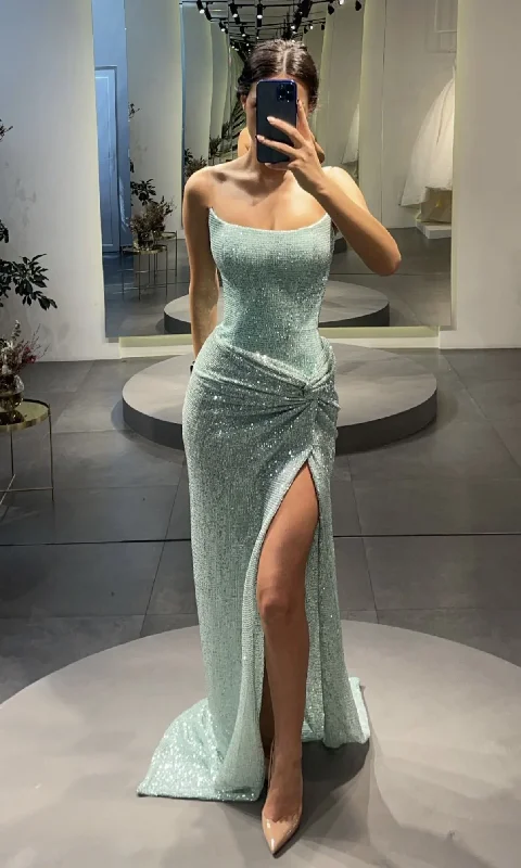 Bonus Savings casual summer dressLight Blue Strapless Sequins Mermaid Long Prom Dress with Slit, DP2487 Bonus Savings casual summer dressLight Blue Strapless Sequins Mermaid Long Prom Dress with Slit, DP2487
