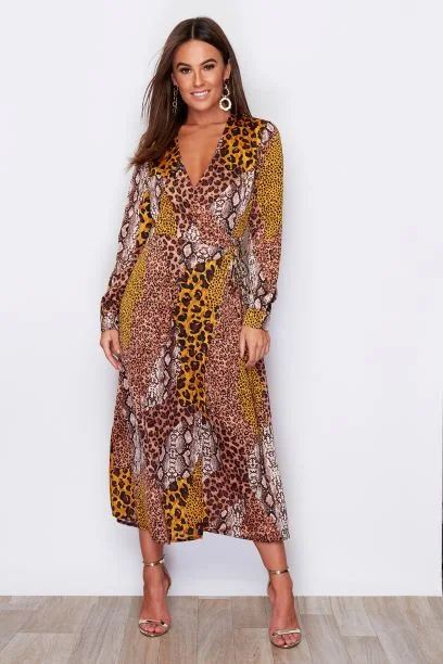 Closeout party dressKim Multi Animal Print Wrap Midi Dress