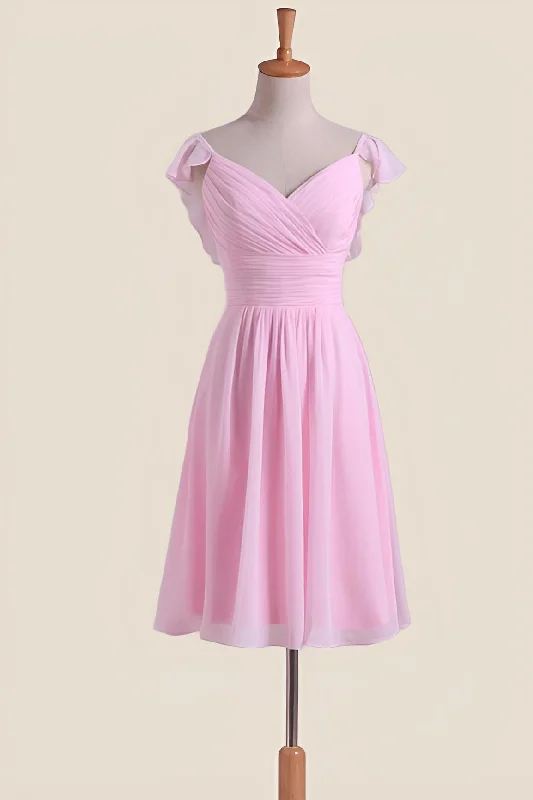 backless dressPink Pleated Cap Sleeves Short Bridesmaid Dress