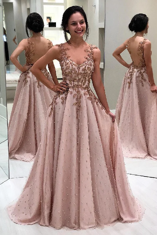 Act Now Princess Appliques Beaded Long Blush Pink Evening Prom Dress AN613