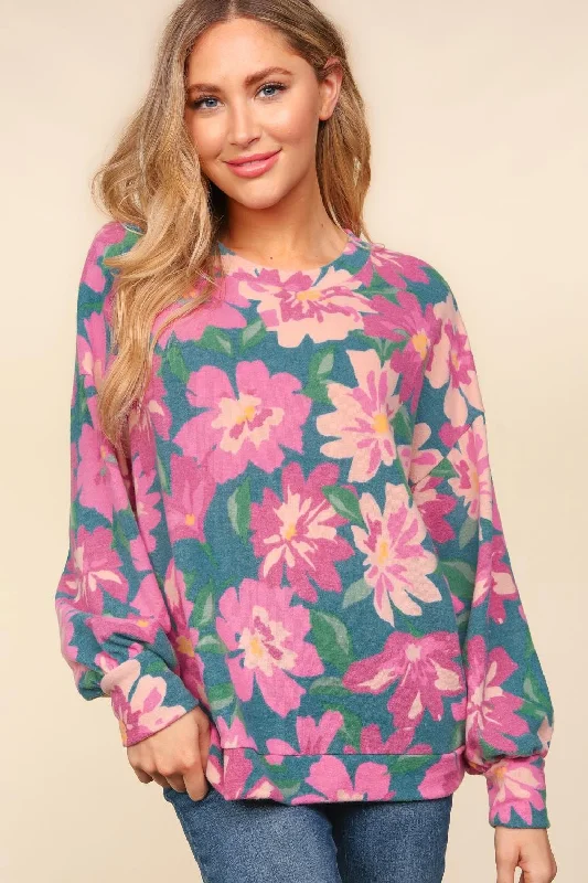 Super Sale TEAL FLORAL BRUSHED HACCI SOFT SWEATER KNIT TOP