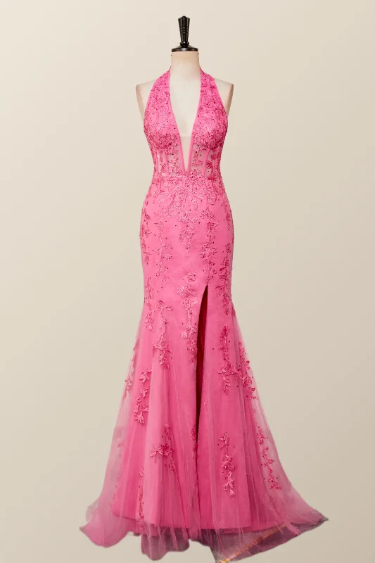 boho dressHalter Hot Pink Lace Mermaid Prom Dress