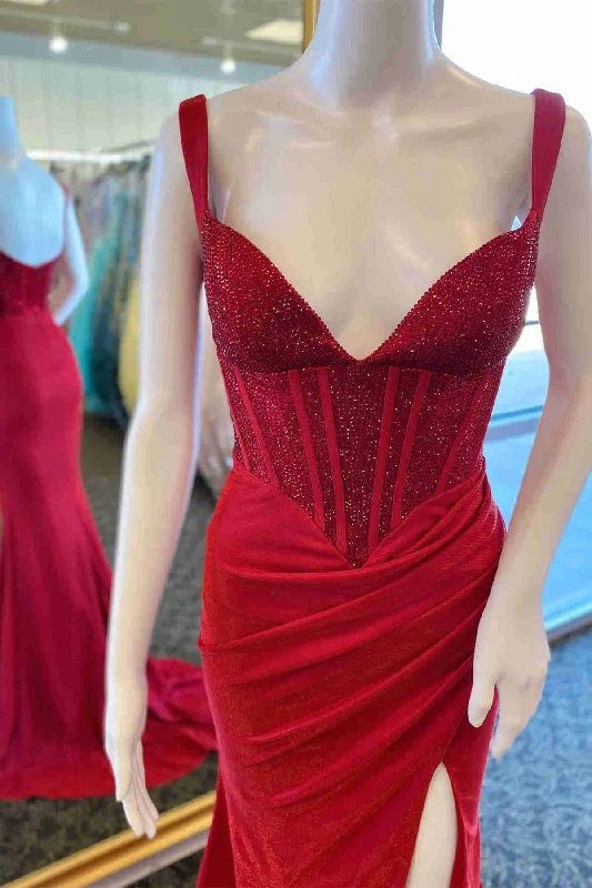 casual dressBeaded Red V-Neck Pleated Long Prom Dress with Slit Y893