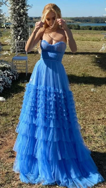 high-waisted dressBlue Sweetheart Tulle Tiered Prom Dresses,Sleeveless Prom Gown Y1062